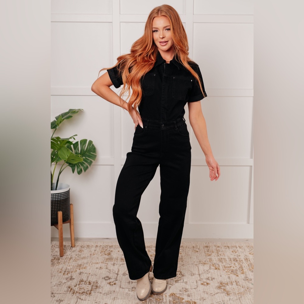 NWT Judy Blue Short Sleeve Straight Tummy Control Black Denim Jumpsuit